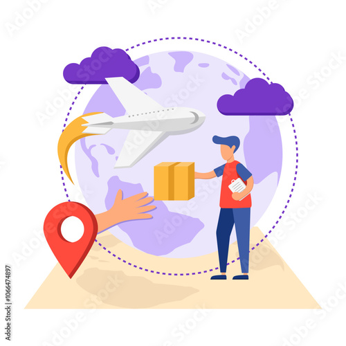 Delivery person delivering package with flying plane symbolizing global connections. Suitable for logistics, worldwide delivery, shipping, and international business concepts.