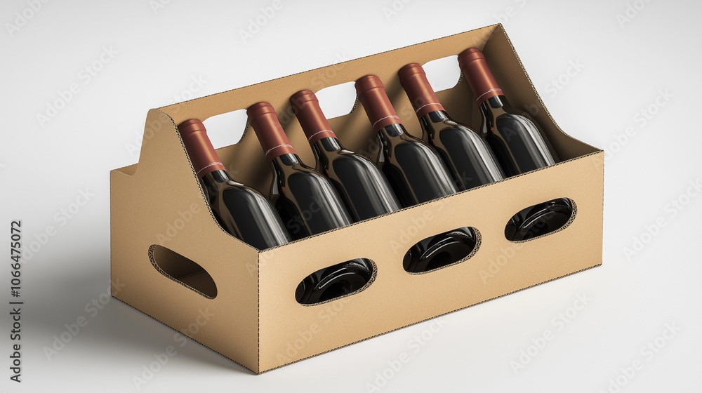 Wine bottle cardboard box design illustration with handle, white background , bottle of wine Wine bottle cardboard box design illustration with handle, white background , bottle of wine