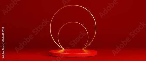 Luxury display with cylinder platform and golden circular arches. Elegant minimalist setup with red studio room backdrop and premium product stage. for merchandise presentation. Realistic 3d vector.