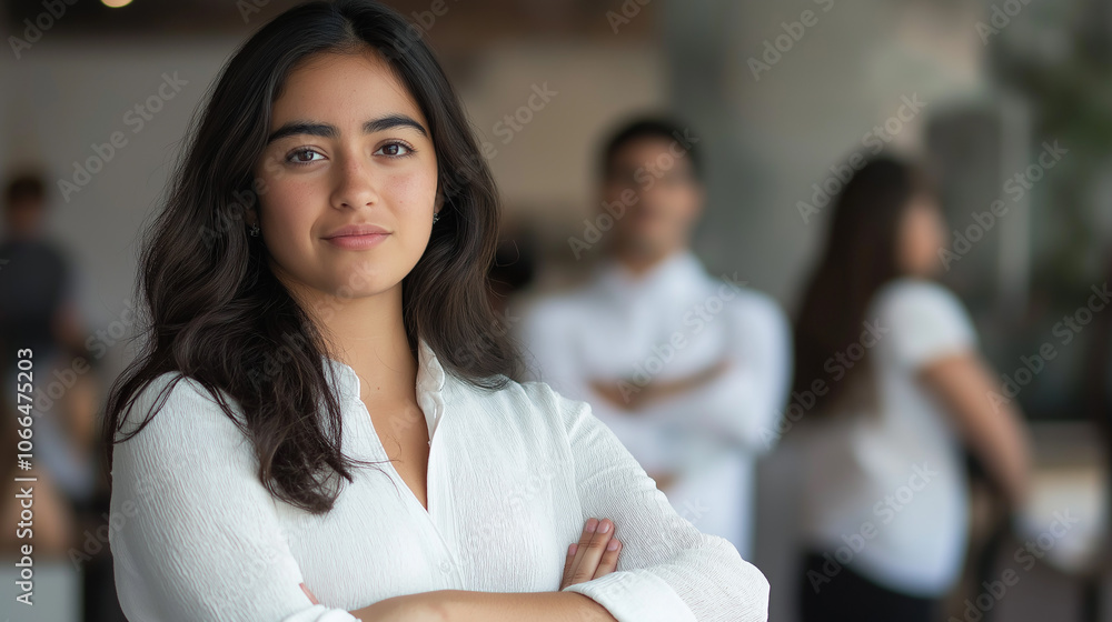 Portrait of one confident young Hispanic business woman standing with arms crossed in an office with her colleagues in the background Portrait of one confident young Hispanic business woman standing with arms crossed in an office with her colleagues in the background
