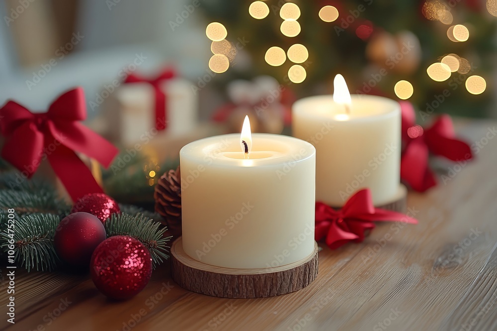 Festive Christmas background with four white candles, red bows, and decorations on a wooden table. Festive Christmas background with four white candles, red bows, and decorations on a wooden table.