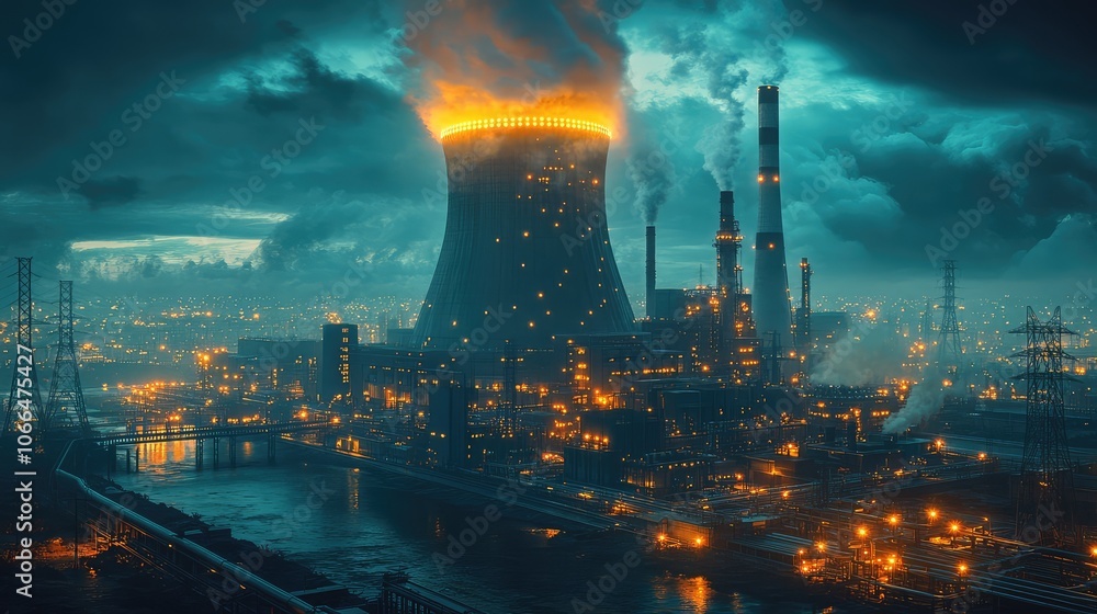 Nuclear reactor, Nuclear house, nuclear power plant, Dramatic Nuclear Power Plant with Glowing Cooling Towers Emitting Smoke at Dusk Nuclear reactor, Nuclear house, nuclear power plant, Dramatic Nuclear Power Plant with Glowing Cooling Towers Emitting Smoke at Dusk