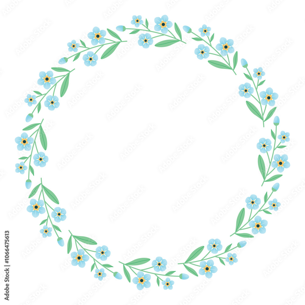 Forget me not flower round frame. round frame with flowers around the perimeter. Delicate blue flowers. Vector illustration. Forget me not flower round frame. round frame with flowers around the perimeter. Delicate blue flowers. Vector illustration.