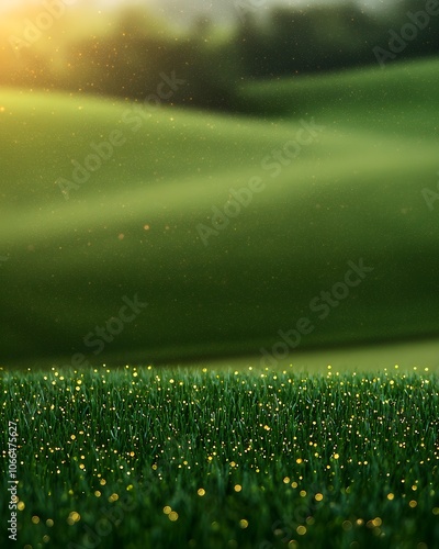 Enchanted meadow with sparkling grass at sunset photo