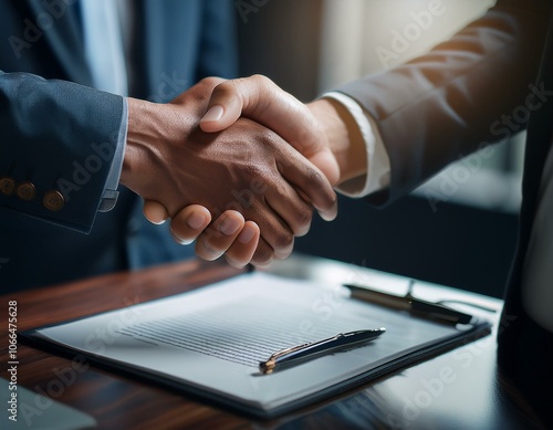 A close-up of business partners shaking hands over a signed contract.