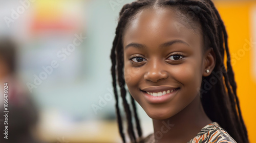 Portrait young african american girl woman smiling office classroom, copy space text