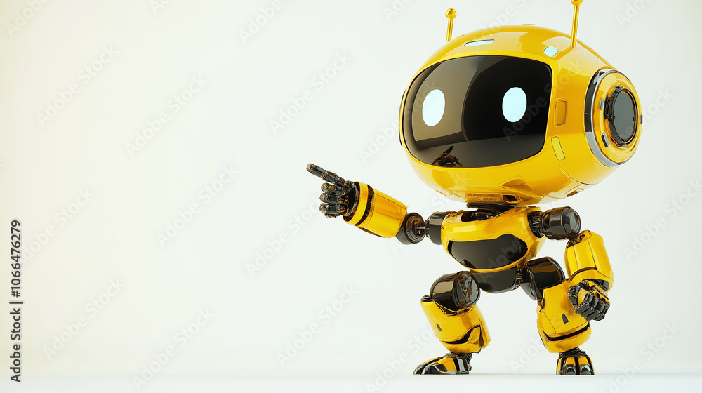 Positive cute robot pointing at a space. Copy space Positive cute robot pointing at a space. Copy space