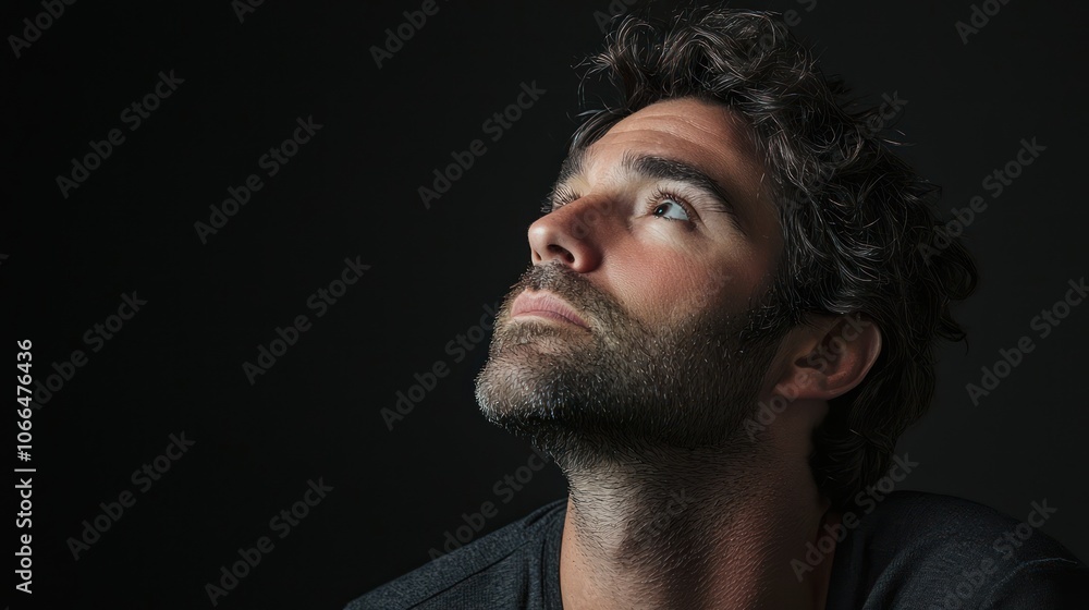A dramatic studio portrait of a man gazing upward, creating a sense of aspiration and hope A dramatic studio portrait of a man gazing upward, creating a sense of aspiration and hope