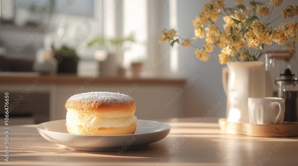 Naklejka premium Softness of a freshly baked cream puff on a sunlit table and copy space