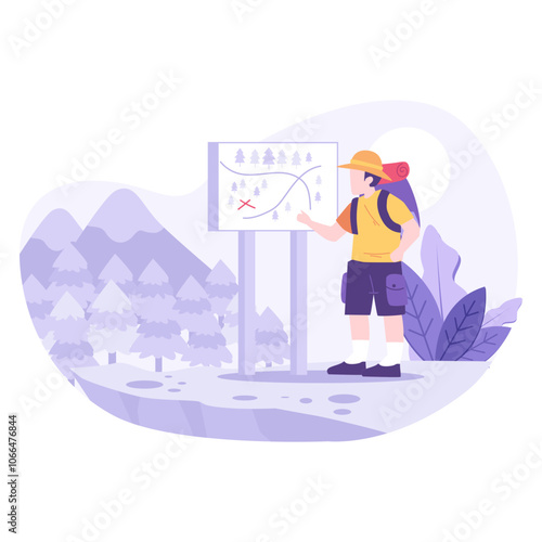 Hiker using map to navigate mountain trail. Outdoor adventure, hiking, travel, exploration, nature, journey, trekking, navigation, discovery concepts.