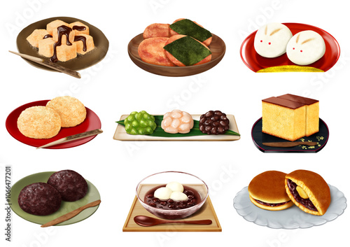 ベクター　和菓子　９種　わらび餅　おはぎ　うさぎまんじゅう　カステラ　どら焼き　冷やしぜんざい　鹿の子　きな粉
