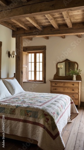 Wallpaper Mural Rustic bedroom with wooden beams quilt-covered bed and vintage dresser Torontodigital.ca