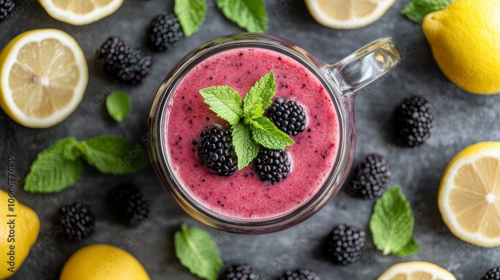 A glass of blackberry smoothie with a sprig of mint on top A glass of blackberry smoothie with a sprig of mint on top