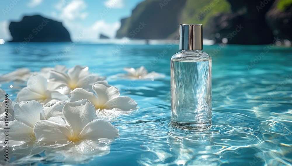 A glass bottle of perfume floats on the water. It's perfect for promoting a new fragrance with a tropical scent. A glass bottle of perfume floats on the water. It's perfect for promoting a new fragrance with a tropical scent.
