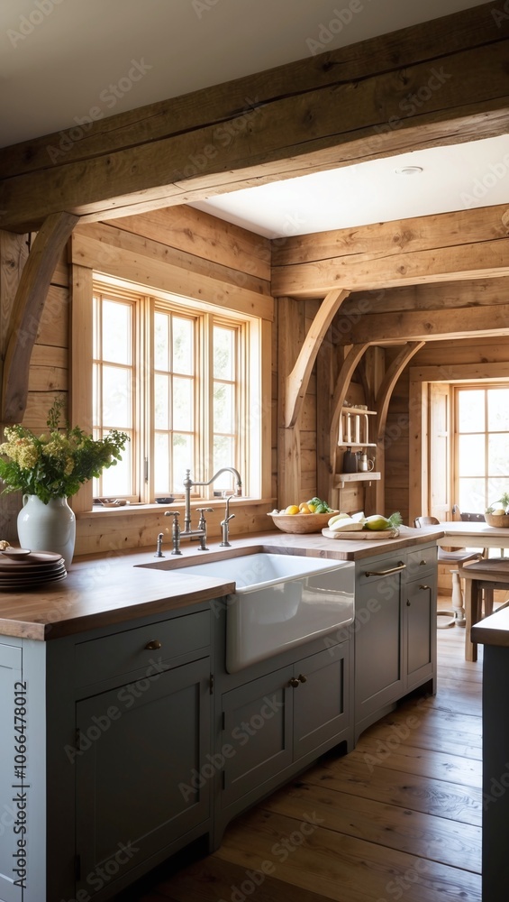 Rustic kitchen with wooden beams farmhouse sink and large island for meal preparation Rustic kitchen with wooden beams farmhouse sink and large island for meal preparation