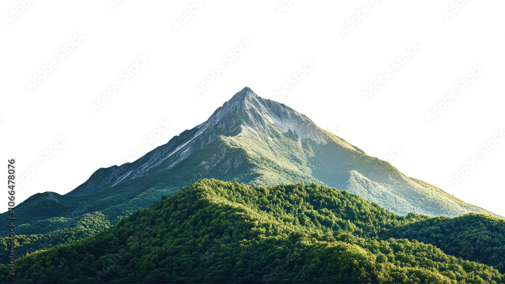 Majestic mountain peak surrounded by lush green hills, showcasing beauty of nature. sunlight highlights rugged terrain, creating serene and tranquil atmosphere
