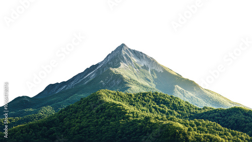 Obraz na płótnie Majestic mountain peak surrounded by lush green hills, showcasing beauty of nature. sunlight highlights rugged terrain, creating serene and tranquil atmosphere w salonie