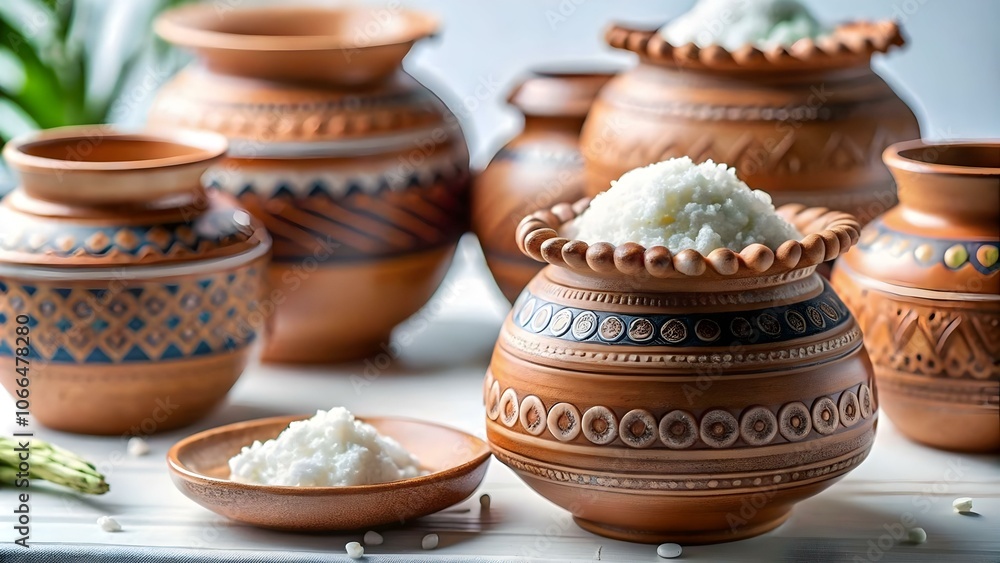 Traditional Pongal Utensils Macro Shot Clay Pots Serving Plates Craftsmanship Cultural Significance Realistic Setting Copy Space Photo Stock Concept Traditional Pongal Utensils Macro Shot Clay Pots Serving Plates Craftsmanship Cultural Significance Realistic Setting Copy Space Photo Stock Concept