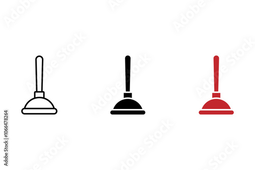 A set of plunger icons. A plumbing tool for cleaning pipes and blockages. The outline and silhouette of the plunger. Vector illustration for design and web.