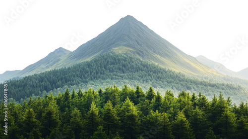 Majestic mountain peak surrounded by lush green forest, showcasing beauty of nature and tranquility. vibrant greenery contrasts with sharp mountain silhouette, creating serene landscape