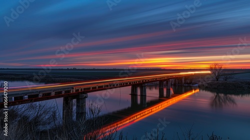 Wallpaper Mural The vibrant colors of a sunrise sky mirrored in the reflection of car light trails on a small rural bridge. Torontodigital.ca
