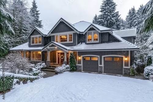 Elegant suburban home in the Pacific Northwest with snow-covered roof and garage. Winter scene with greenery, wreath, and white trim.