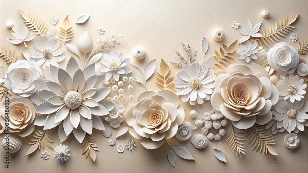 Abstract White Paper Flowers 3D Render for Horizontal Floral Background, Ideal for Greeting Card Templates and Decorative Elements in Architectural Photography Abstract White Paper Flowers 3D Render for Horizontal Floral Background, Ideal for Greeting Card Templates and Decorative Elements in Architectural Photography