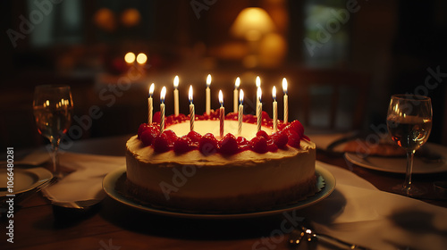 Close-up of a beautifully decorated birthday cake with candles on top. The blurred background suggests a celebratory setting with people gathered, adding to the festive and joyful mood.