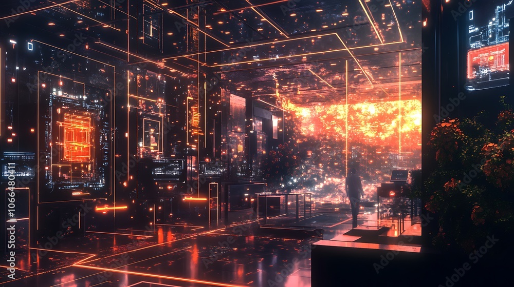 A futuristic room with red neon lights, reflecting on a black glossy floor, overlooking a cityscape with a fiery sunset. A futuristic room with red neon lights, reflecting on a black glossy floor, overlooking a cityscape with a fiery sunset.