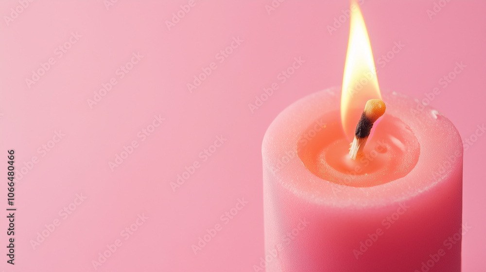 A match lights a candle close-up, Christmas mood in pink colors. Space for text A match lights a candle close-up, Christmas mood in pink colors. Space for text