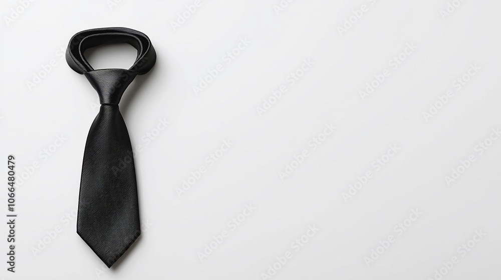 A black silk tie on a white background, with copy space. A black silk tie on a white background, with copy space.