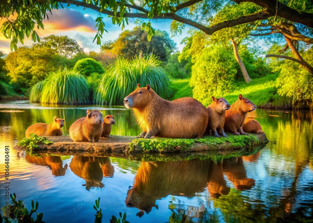 Fototapeta premium Adorable Capybaras Relaxing by the Water in a Serene Nature Setting, Perfect for Animal Lovers and Wildlife Photography Enthusiasts, Captured with the Rule of Thirds for Visual Appeal