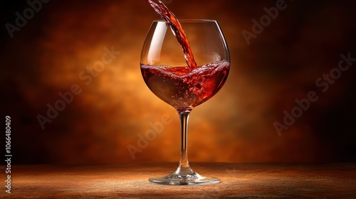 Red wine being poured into a glass against a dark brown background.