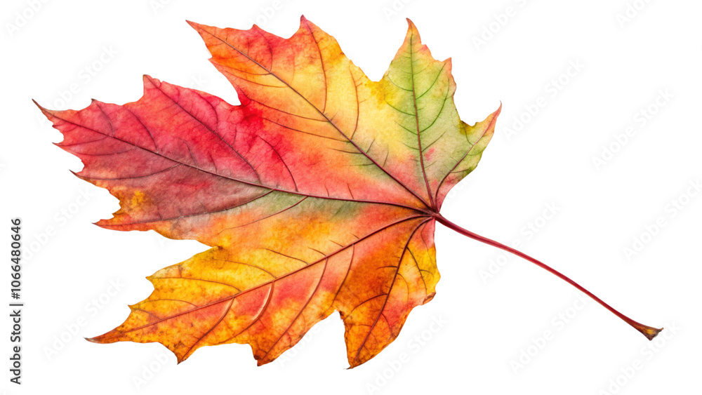 Isolated autumn maple leaf in shades of red, orange, and yellow on a white background Isolated autumn maple leaf in shades of red, orange, and yellow on a white background