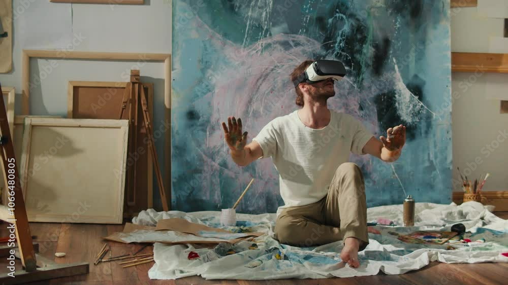 An Artist Uses VR to Immerse Himself in a Virtual Studio, Creating and Exploring New Artistic Worlds. Combines Traditional Art Techniques with Modern Digital Tools in an Innovative Virtual Environment An Artist Uses VR to Immerse Himself in a Virtual Studio, Creating and Exploring New Artistic Worlds. Combines Traditional Art Techniques with Modern Digital Tools in an Innovative Virtual Environment