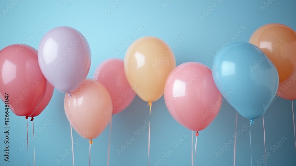 A row of colorful balloons against a light blue background, perfect for birthday or party decorations. A row of colorful balloons against a light blue background, perfect for birthday or party decorations.