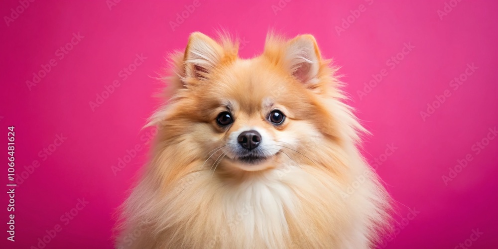 Adorable Pomeranian Dog Portrait with Pink Backdrop and Ample Copy Space for Creative Projects Adorable Pomeranian Dog Portrait with Pink Backdrop and Ample Copy Space for Creative Projects