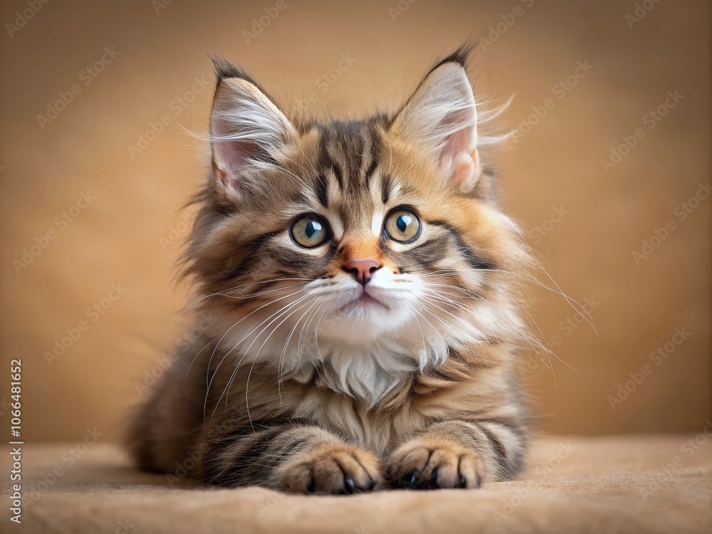 Obraz premium Adorable Small Siberian Kitten on Light Brown Background - Captivating Drone Photography of Fluffy Feline, Perfect for Pet Lovers and Animal Enthusiasts