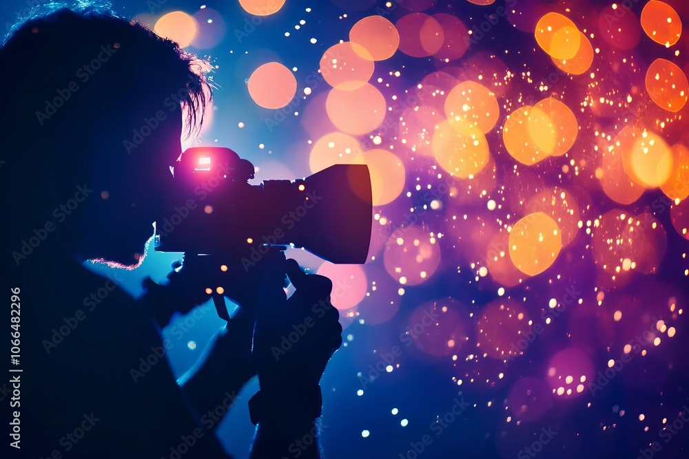 Cinematographer filming with camera close up, intense colors, copy space Double exposure silhouette with colorful bokeh Cinematographer filming with camera close up, intense colors, copy space Double exposure silhouette with colorful bokeh