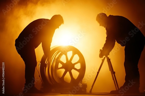 Workers focusing on a large wheel in shadow