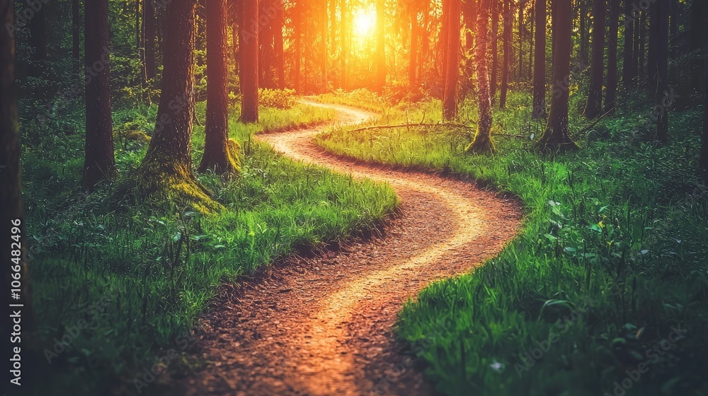 Obraz premium Winding forest path illuminated by sunset glow, vibrant greenery surrounding the way.