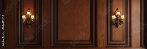 Detailed 3D rendering of a luxurious room with cinnamon brown walls and wood paneling.