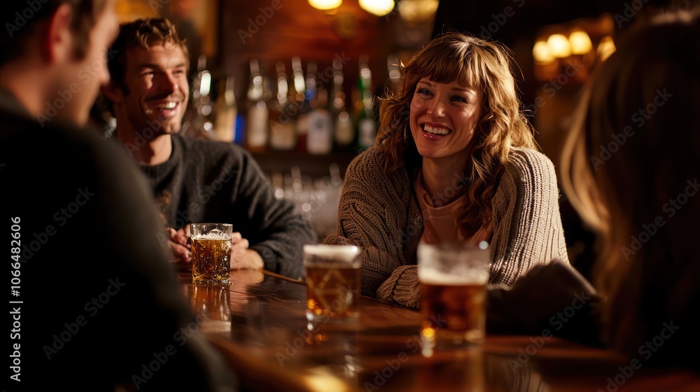 A group of friends gathered at a bar, one person animatedly telling a story while the others listen intently, drinks in hand, capturing the warmth and camaraderie of a night out. A group of friends gathered at a bar, one person animatedly telling a story while the others listen intently, drinks in hand, capturing the warmth and camaraderie of a night out.