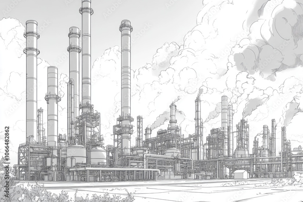 Industrial Complex with Tall Smokestacks in the Sky, Black and White Sketch Illustration Industrial Complex with Tall Smokestacks in the Sky, Black and White Sketch Illustration