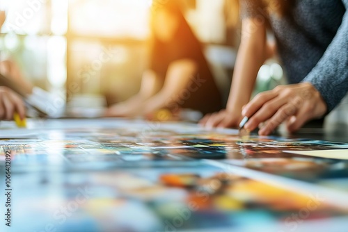 Team reviewing a large moodboard for an advertising campaign, images and colors, collaborative environment