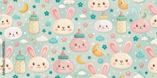 Aerial Photography of Bunny Motif Baby Milk Bottles Vector Seamless Pattern for Nursery Design, Baby Shower Invitations, and Kids' Room Decor