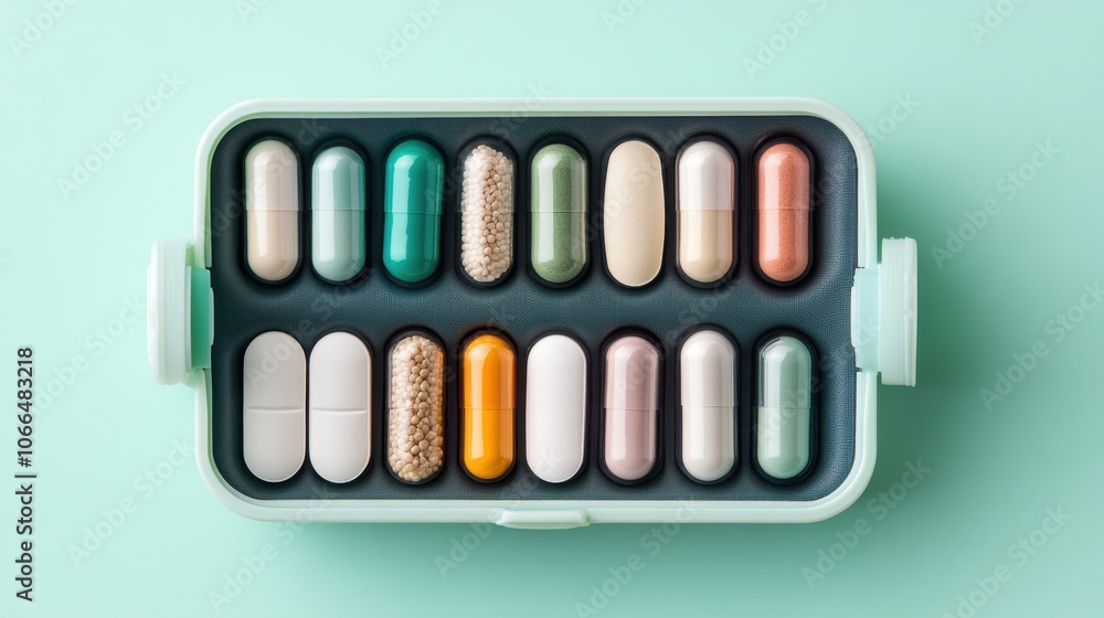 Assorted pills and capsules in organizer on mint green background Assorted pills and capsules in organizer on mint green background
