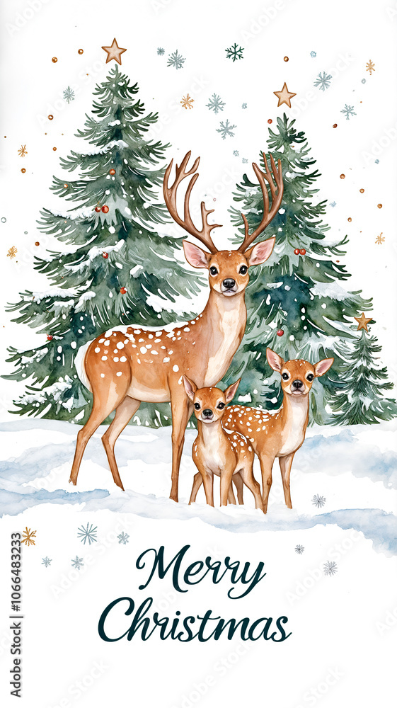 Watercolor illustration of a family of deer in the snow, surrounded by pine trees and falling snowflakes, with Watercolor illustration of a family of deer in the snow, surrounded by pine trees and falling snowflakes, with