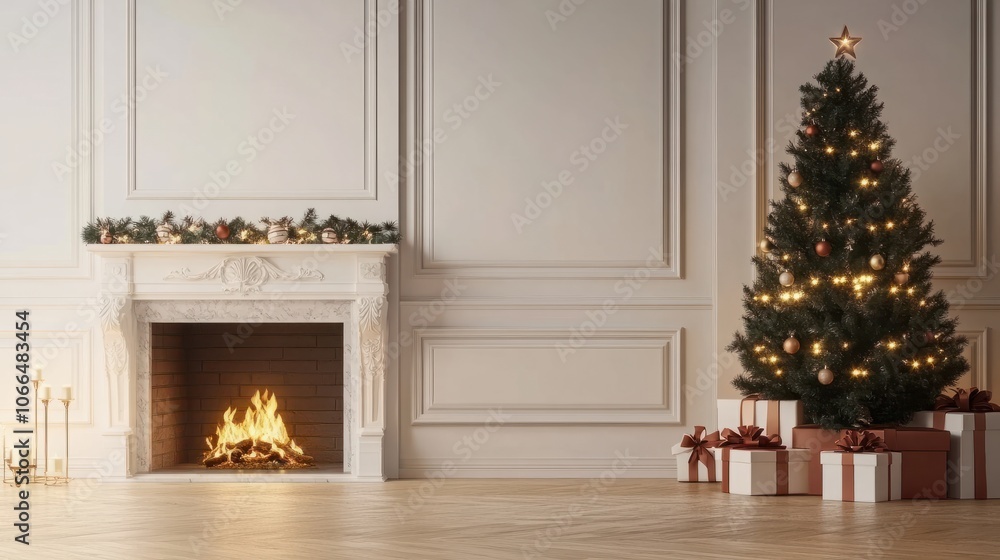 Holiday able with christmas tree and fireplace. with copy space Holiday able with christmas tree and fireplace. with copy space