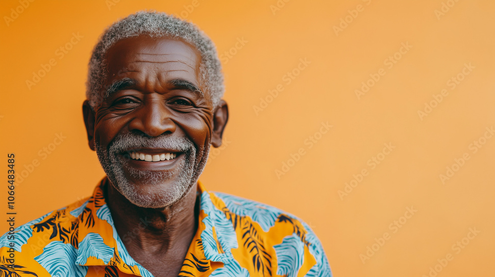 Elderly man with gray hair smiles brightly against a vibrant orange background during a sunny day outdoors Elderly man with gray hair smiles brightly against a vibrant orange background during a sunny day outdoors